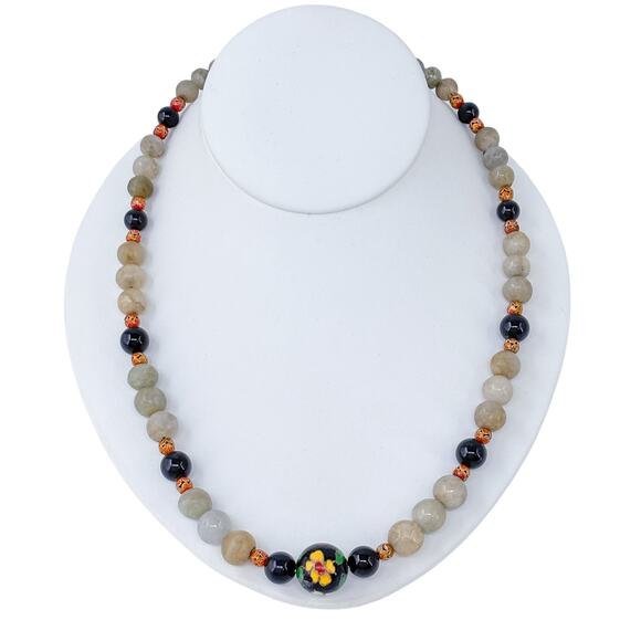 Estate Sterling Silver Jadeite & Onyx Necklace With Cloisonné Accent Beads 21" - Picture 3 of 7